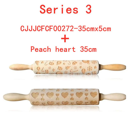Wooden rolling pin with engraved Christmas patterns including reindeer and snowflakes on a 45cm long barrel.