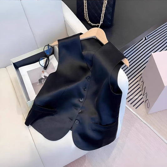 Black satin sleeveless vest for women on a hanger, showing loose fit and splicing detail.