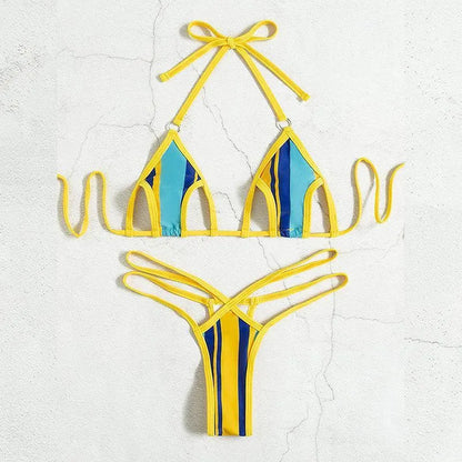 Yellow high-waist backless split swimsuit for women with neck-hanging hollow suit design.