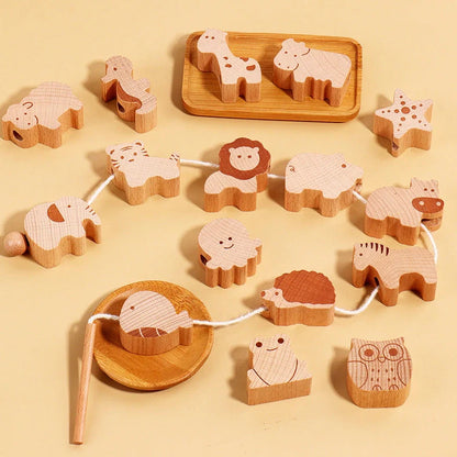 Beech wood animal string beads children's toy measuring 29.5x22x5.5cm with building blocks and rope