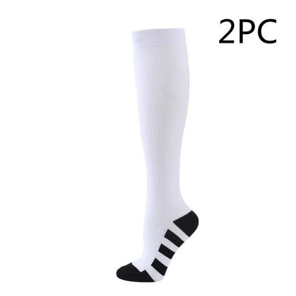 Athletic compression socks with three-bar design in black, pink, and white