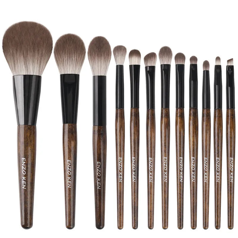 12-piece makeup brush set with wooden handles in PU travel case including powder foundation brush