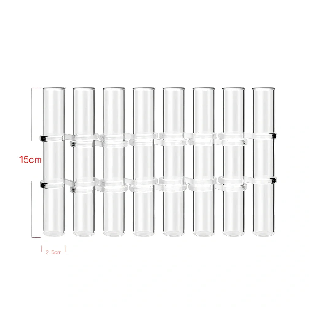 Clear glass hinged test tube vase with plants in curved arrangement