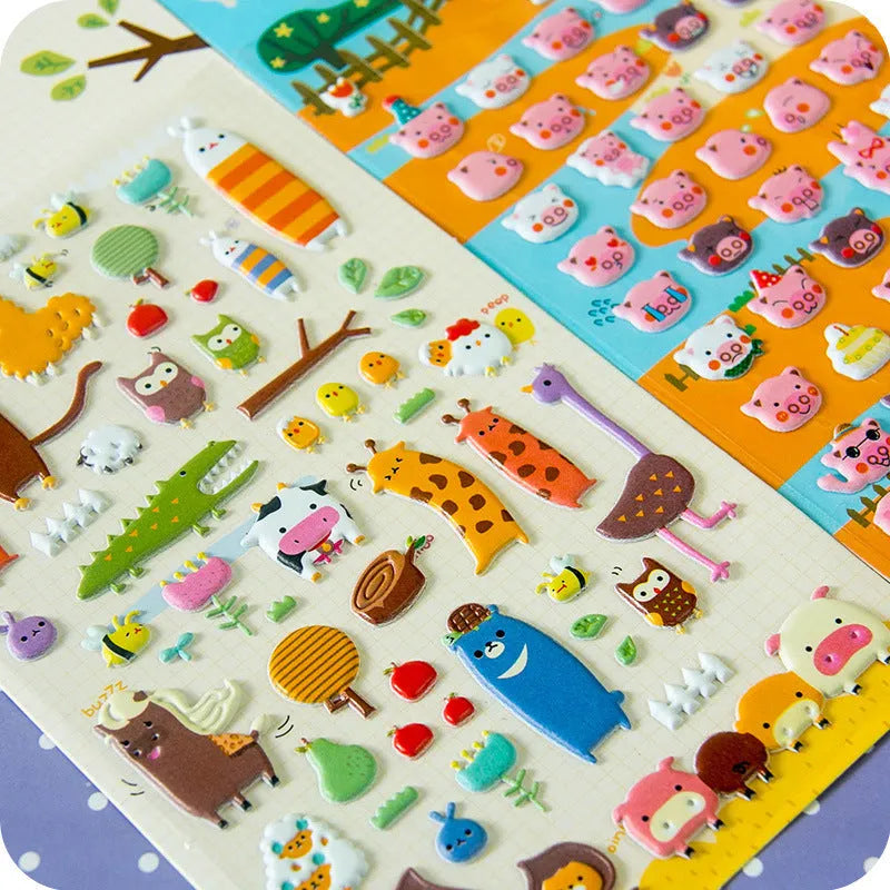 Cartoon three-dimensional bubble stickers showing colourful animal, food and pattern designs for decoration