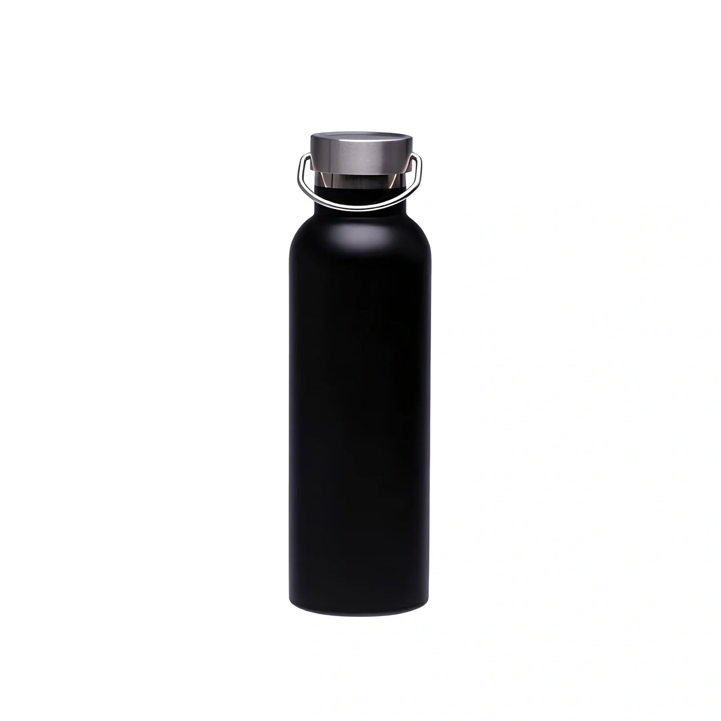 Black stainless steel water bottle showing 750ml capacity marking and measuring 24cm tall