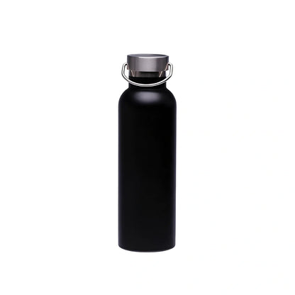 Black stainless steel water bottle showing 750ml capacity marking and measuring 24cm tall