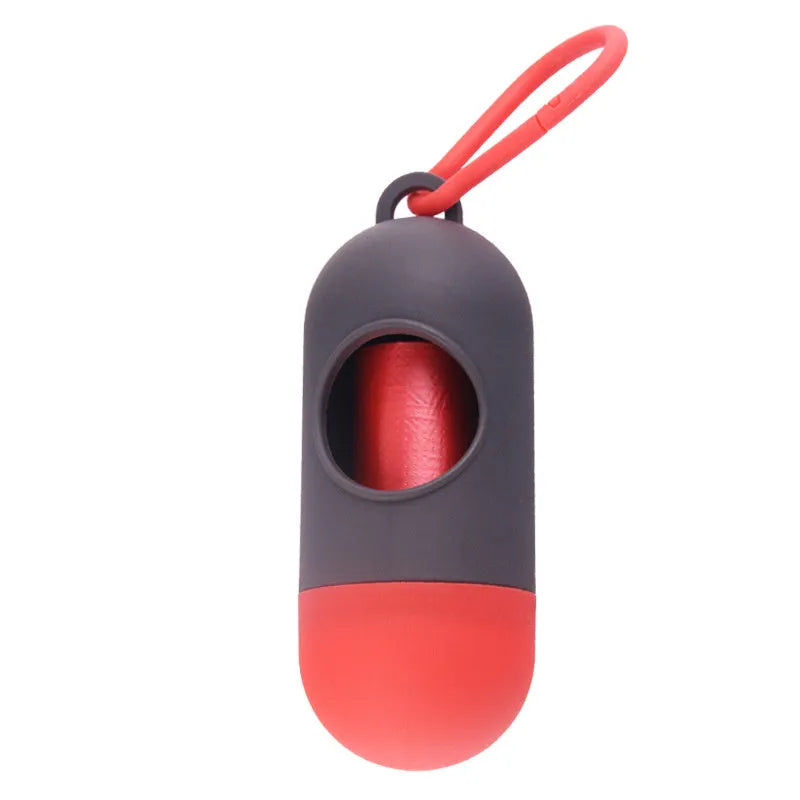 Dog poop bags holder with hook in various colours, showing Velcro fastening and compact 10cm size