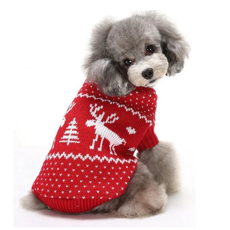 Elk Reindeer Deer Christmas Dog Sweater Pet Clothes in Blue or Red with XS to XXL Sizes Neck 20-38cm Back 19-40cm Bust 24-48cm