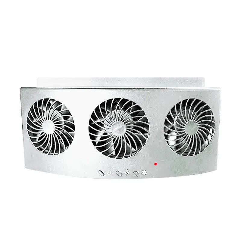 Compact black and white USB-powered car ventilation fan on a dashboard.