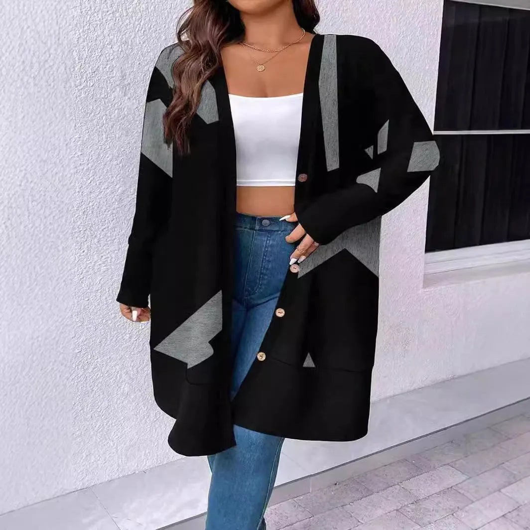 Black loose plus size cardigan with button stitching on the front.