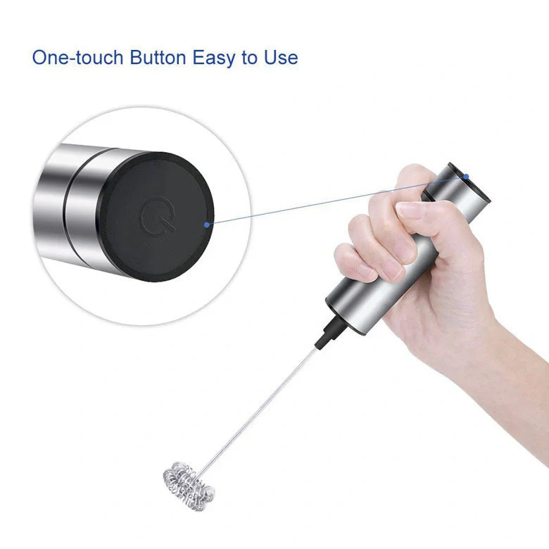Silver handheld milk frother with 19000RPM speed for quick and efficient frothing