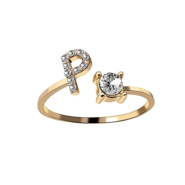 Personalized Initial Letter Adjustable Ring made of copper alloy and zircon, showcasing a vintage-inspired design