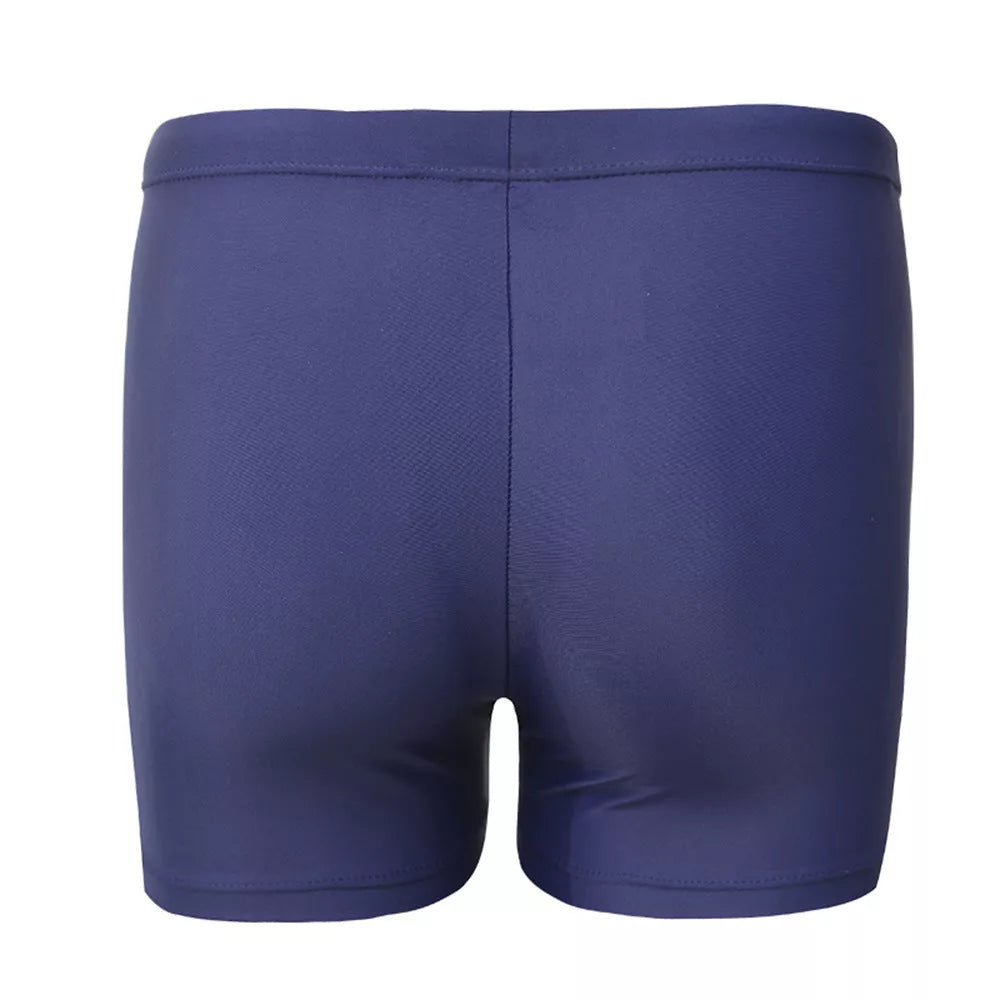 Men's boxer swimming trunks in dark blue and black, featuring quick-dry lining and stretch fabric