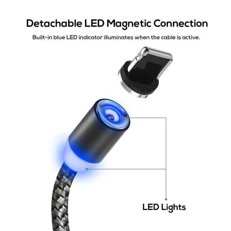 Magnetic fast charging cable with aluminium ends and three small magnetic plugs for iPhone, USB-C and Android.