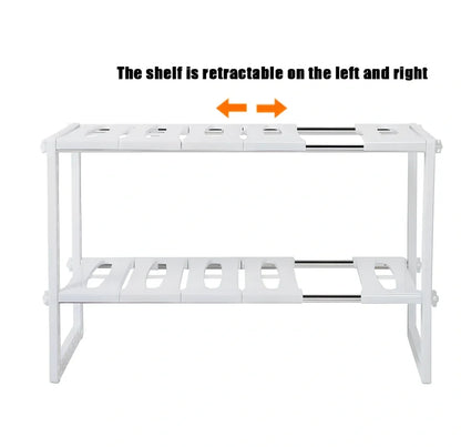 White retractable kitchen shelf with two tiers and adjustable length from 36cm to 70cm