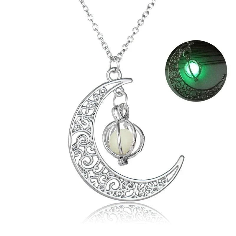 Luminous moon-shaped pendant necklace in various colors, glowing in the dark and emitting a soft, enchanting light