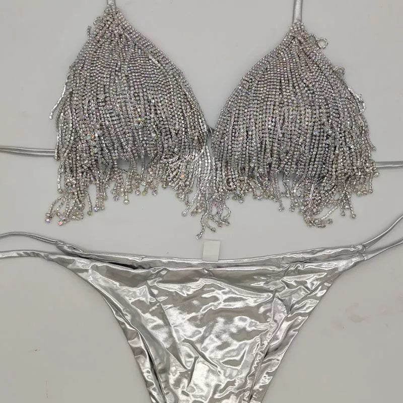Diamond Flowing Bikini in gold and silver, perfect for summer beach outings