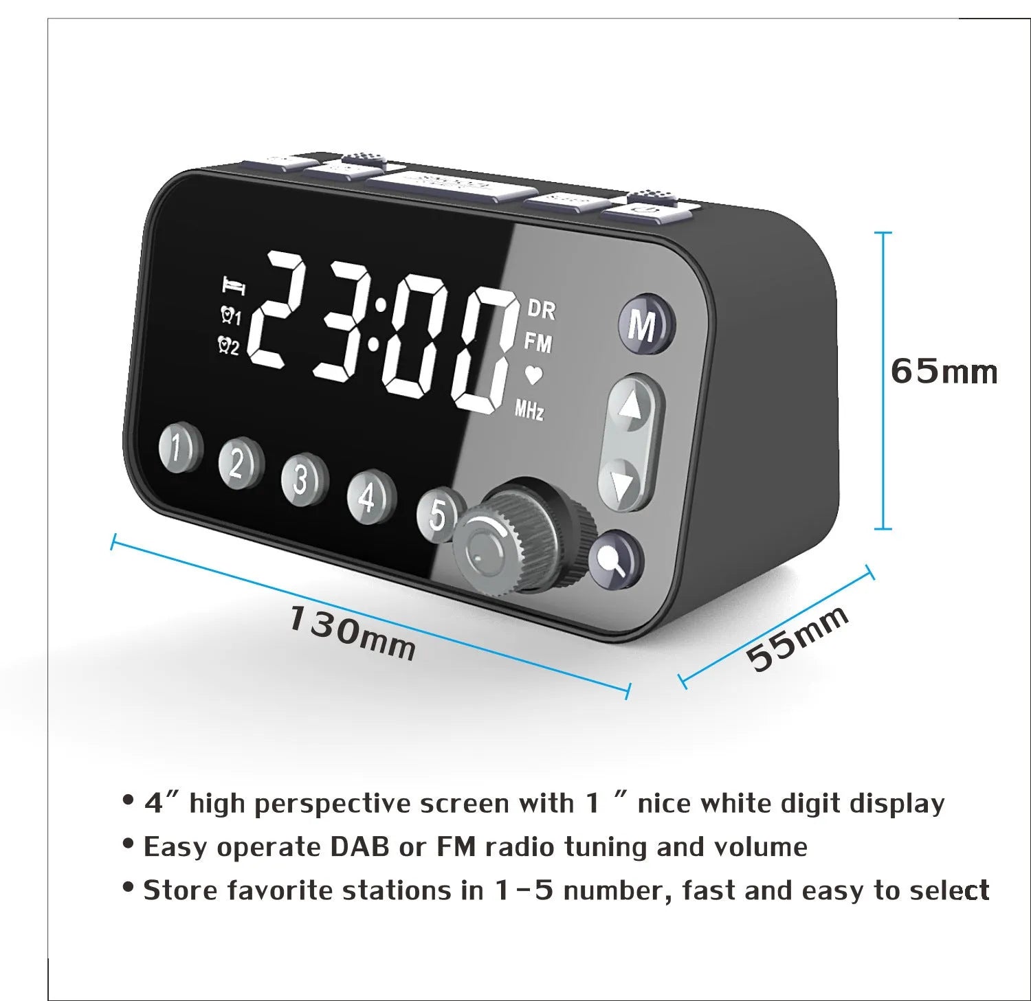 Black DAB FM digital radio alarm clock with LED display, control buttons, and two USB ports on the side.
