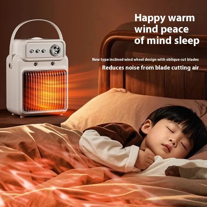 White compact table heater with humidifier function, control panel showing heat and fan settings.