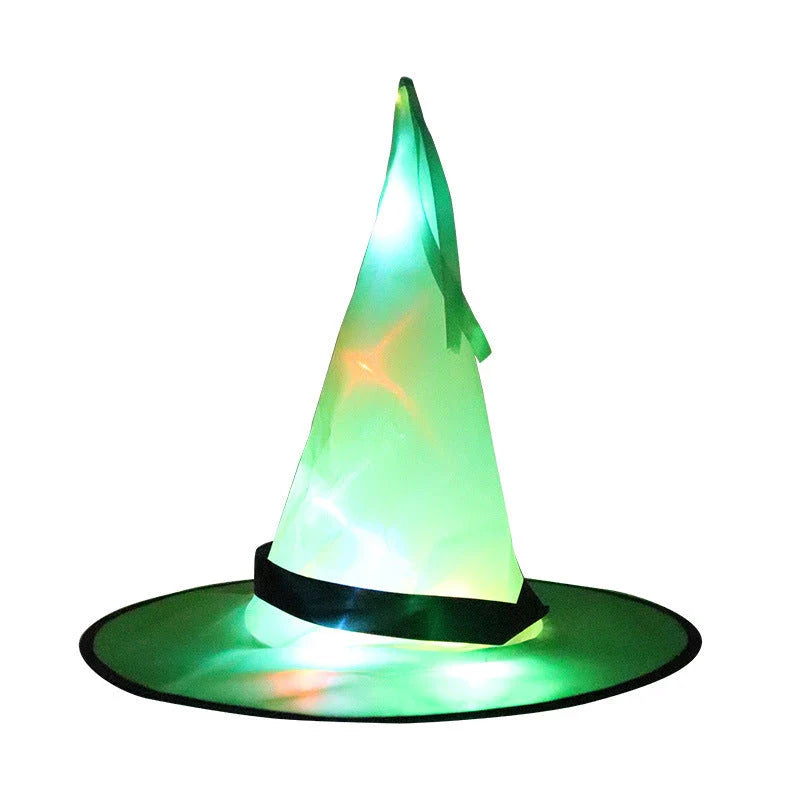 A colorful LED-illuminated witch hat with elf ears, perfect for Halloween home decor and parties.