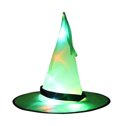 A colorful LED-illuminated witch hat with elf ears, perfect for Halloween home decor and parties.