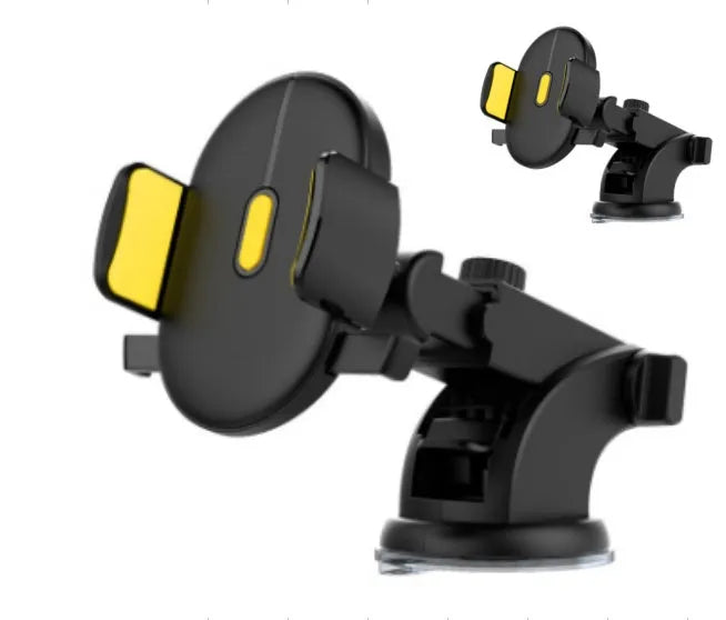 Yellow and black car phone holder with telescopic arm extended, gel pad, and 360-degree rotation on a dashboard