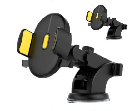 Yellow and black car phone holder with telescopic arm extended, gel pad, and 360-degree rotation on a dashboard