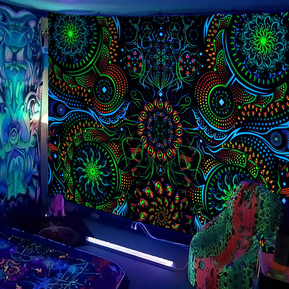 Fluorescent landscape tapestry in multiple colours and sizes with glowing UV effects