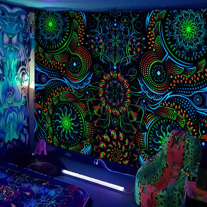 Fluorescent landscape tapestry in multiple colours and sizes with glowing UV effects