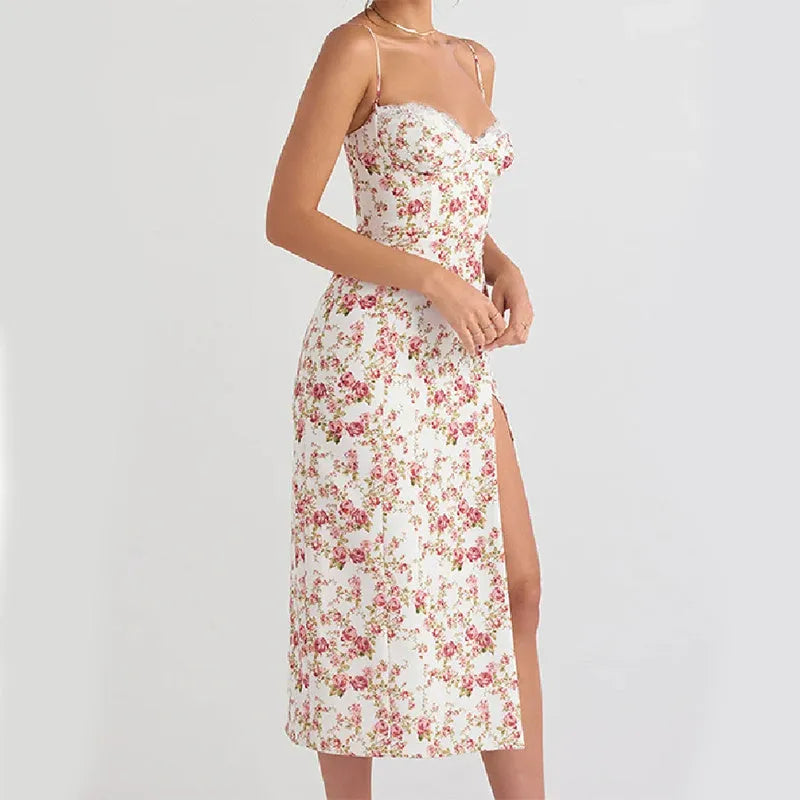 Women's lace print long dress with suspender straps and side slit in blue, green or red