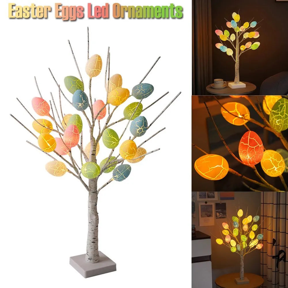 White birch-style LED Easter tree with warm white lights and cracked egg decorations on adjustable branches