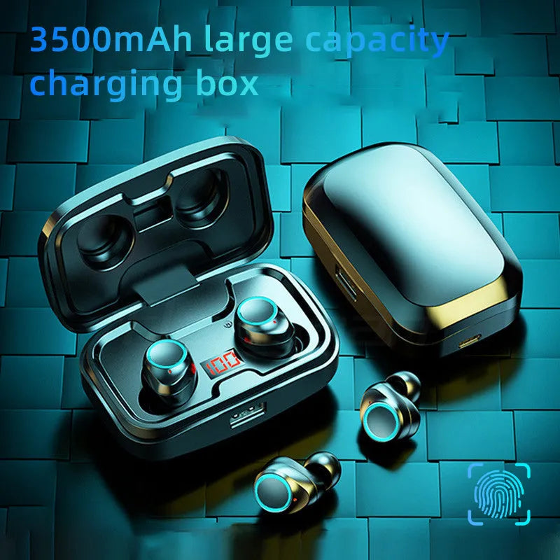 Black Bluetooth gaming headset with charging box and mobile phone charging functionality