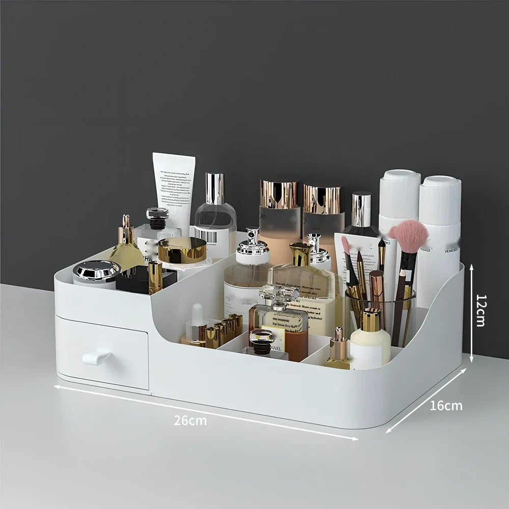 Rectangular toiletries organiser in white with Nordic design on wooden desktop