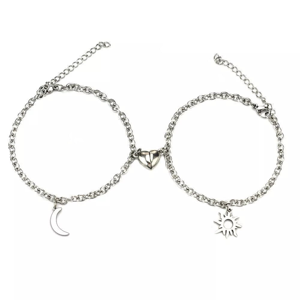 Sun Moon Charm Stainless Steel Couple Bracelets in NK, O type, and pearl colors