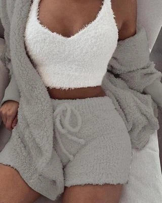 Cozy 3-Piece Women's Pajama Set with Long Sleeve Crop Top and Drawstring Shorts in various colors