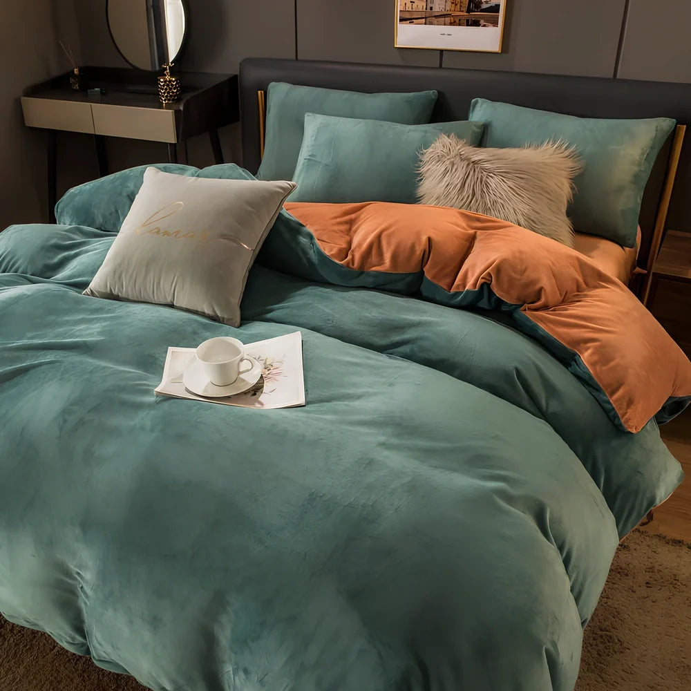 Coral velvet flannel bed sheet set in light grey and deep grey colour combination on double bed