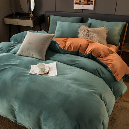 Coral velvet flannel bed sheet set in light grey and deep grey colour combination on double bed