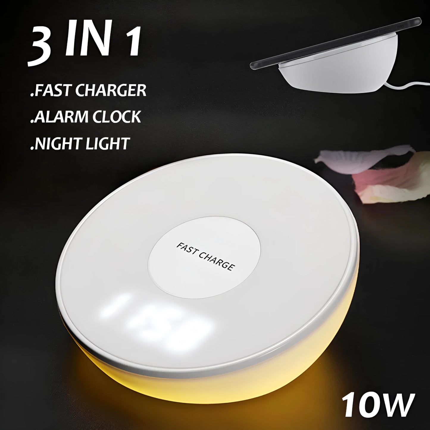 White 10W wireless charging pad with digital clock display and three control buttons on a bedside table