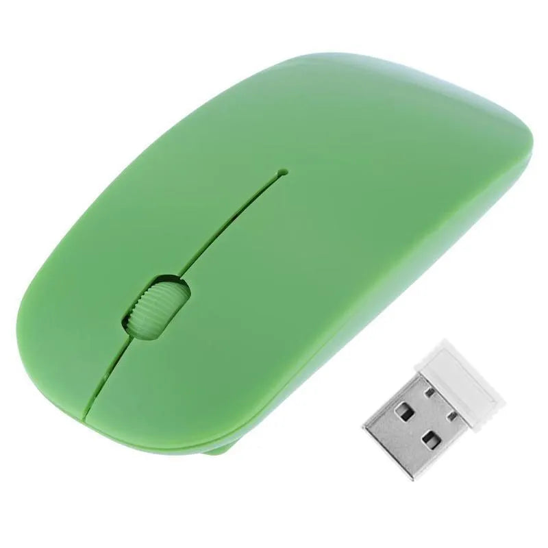 Thin wireless mouse in black, blue, green, pink, purple, red or white, with 10m range and adjustable dpi.