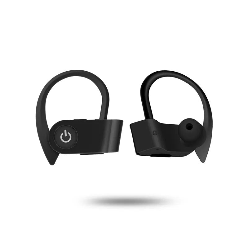 Black wireless Bluetooth earphones showing ergonomic design and LED indicator lights
