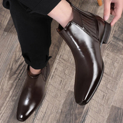 Sleek Chelsea-style boots for men with pointed toe and square heel, available in black and brown colors