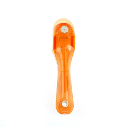 Orange and blue digital measuring spoon set showing measurement units and ergonomic handle.