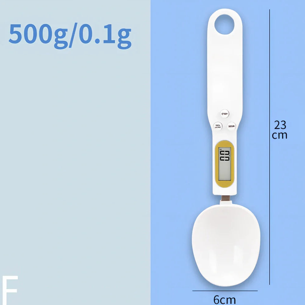 Digital kitchen spoon scale showing measurement display and USB charging port