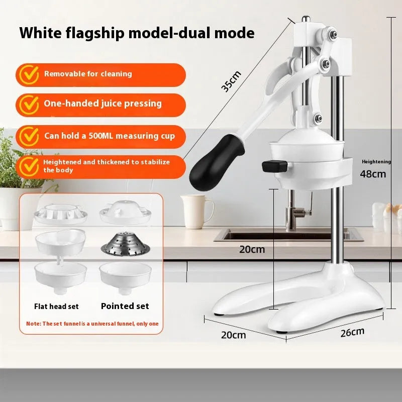 Manual orange juice juicer with stainless steel construction showing 480cm height and disassembled components