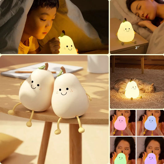 USB Rechargeable LED Pear Night Light with dimming touch control and 7-color mode