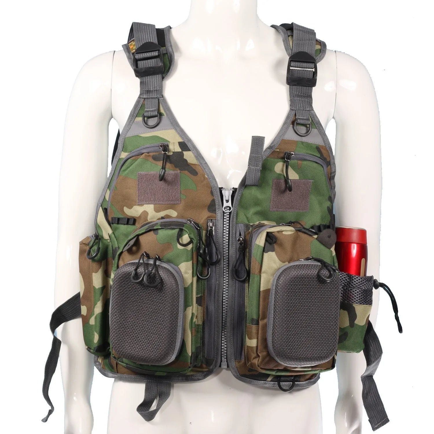 Fishing life jacket with removable EPE foam inserts, 10 pockets, adjustable straps, and reflective panels for water safety