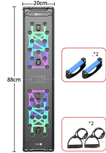 Black multifunctional push-up board 87cm x 43cm x 20cm with ABS plastic body and TPE soft rubber grips for chest training