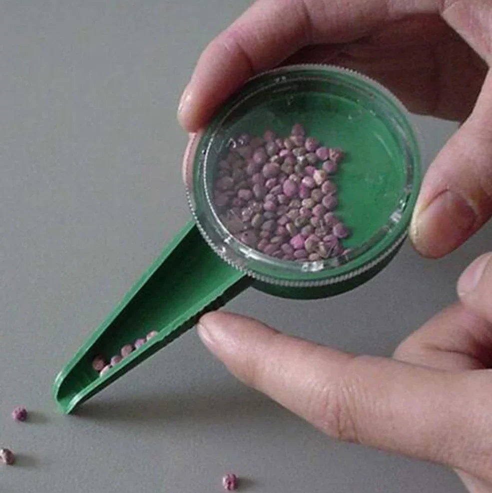 Green and transparent 5-speed adjustable gardening seed planter with dial control