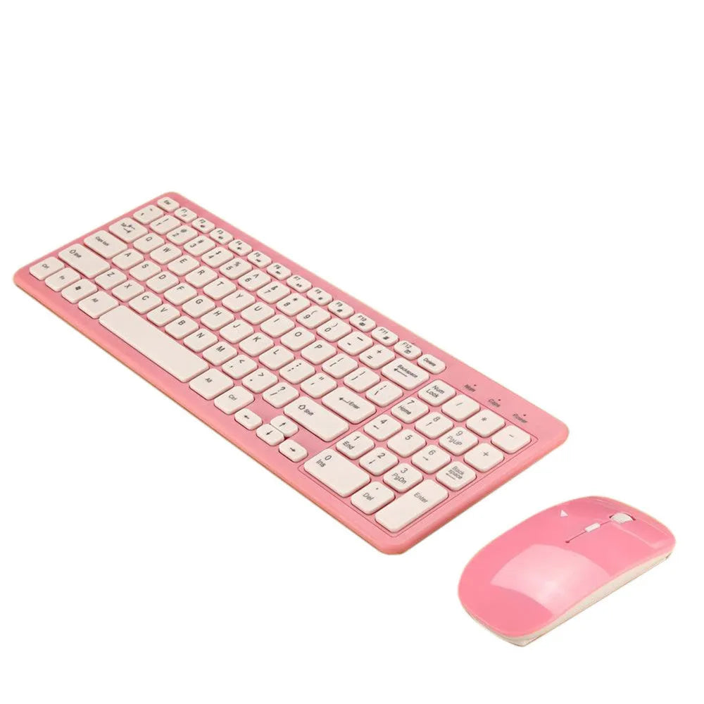 Black wireless keyboard and mouse set on a desk showing 96-key layout and compact mouse.