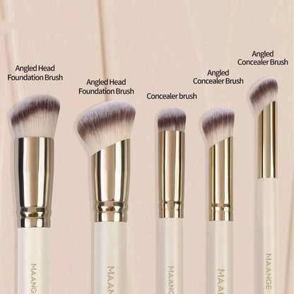 Apricot-coloured angled blush makeup brush and kabuki brush from a 5-piece synthetic bristle set.